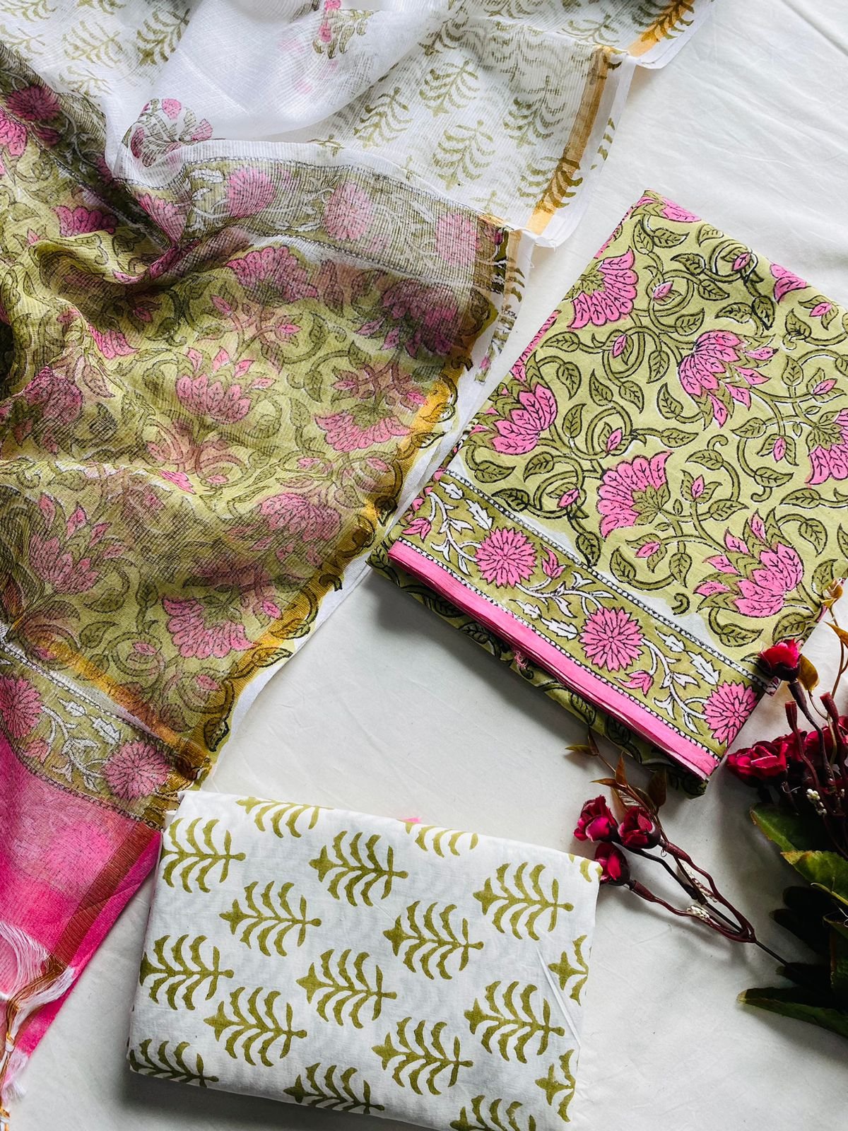 Handblock Cotton Suit Set Pink Floral Olive Green | Mora Mora India Handblock printed cotton suit set with pink floral design and olive green pattern with dupatta by Mora Mora India